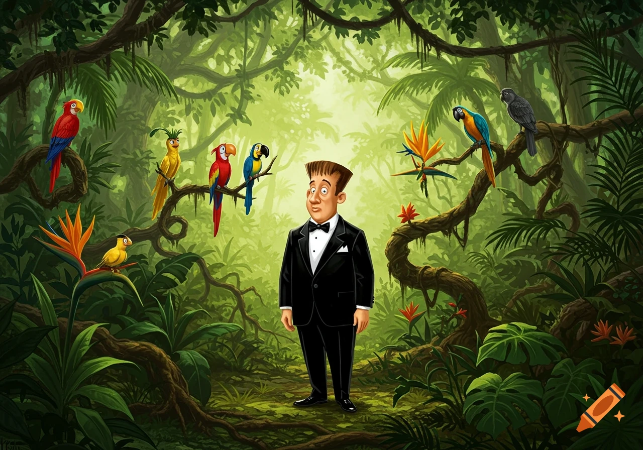 A cartoon man in a tuxedo stands in a vibrant jungle with colorful parrots perched on branches and plants.