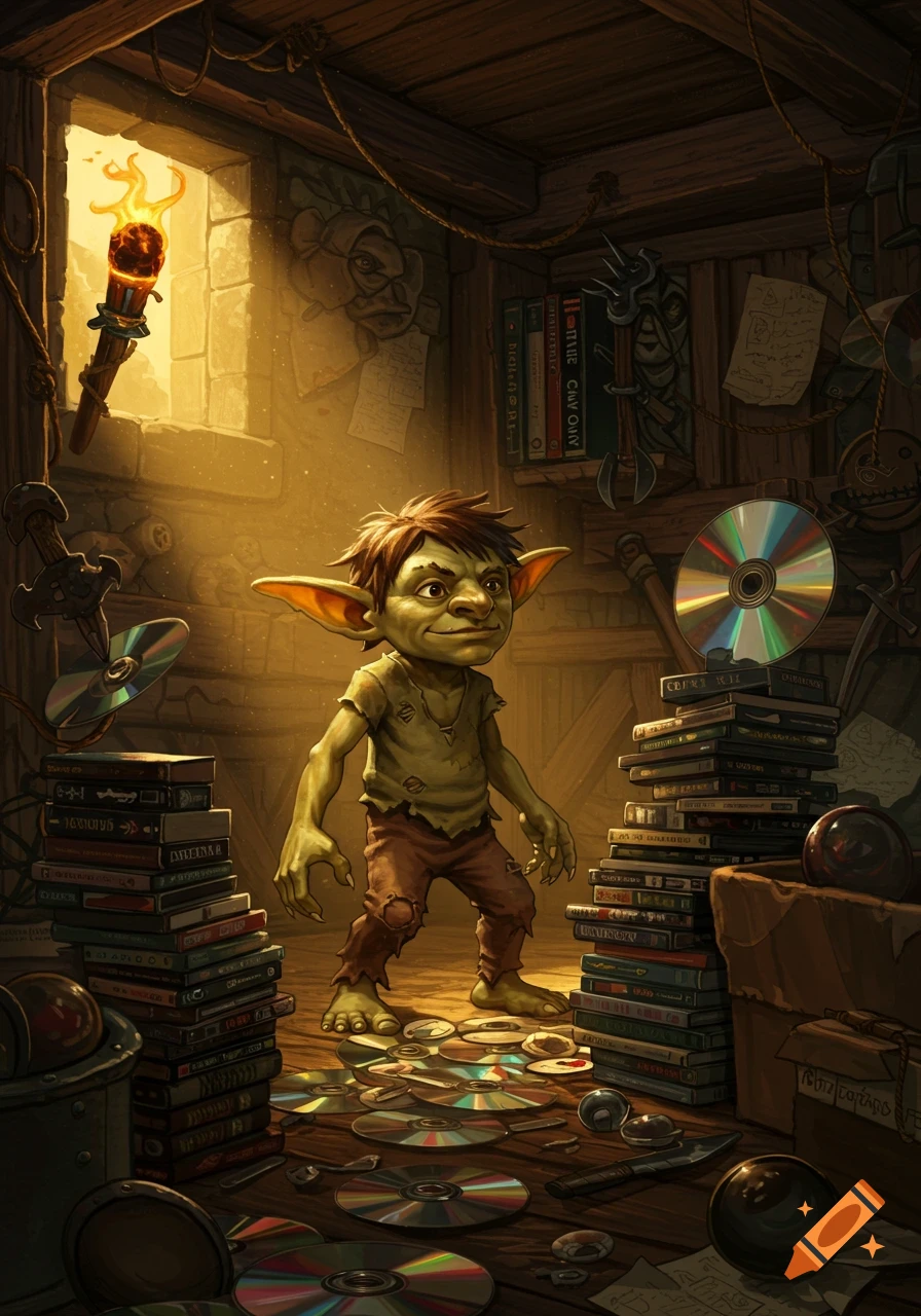 A stylized illustration of a goblin standing amidst piles of books and CDs in a dimly lit, messy room, lit by a torch through a window.
