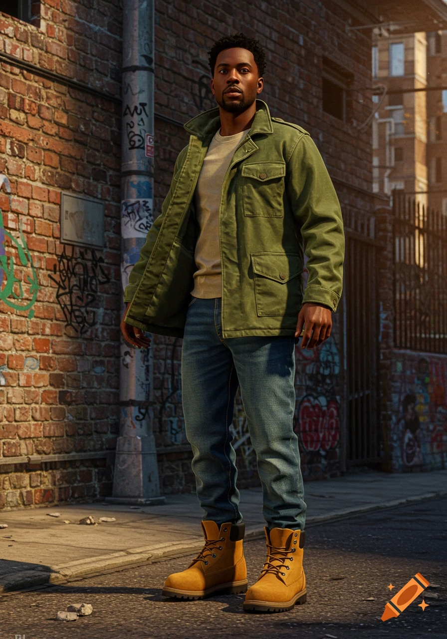 A young black man wearing a green army jacket, blue jeans, and yellow construction boots stands on a city street in front of a brick wall with graffiti.