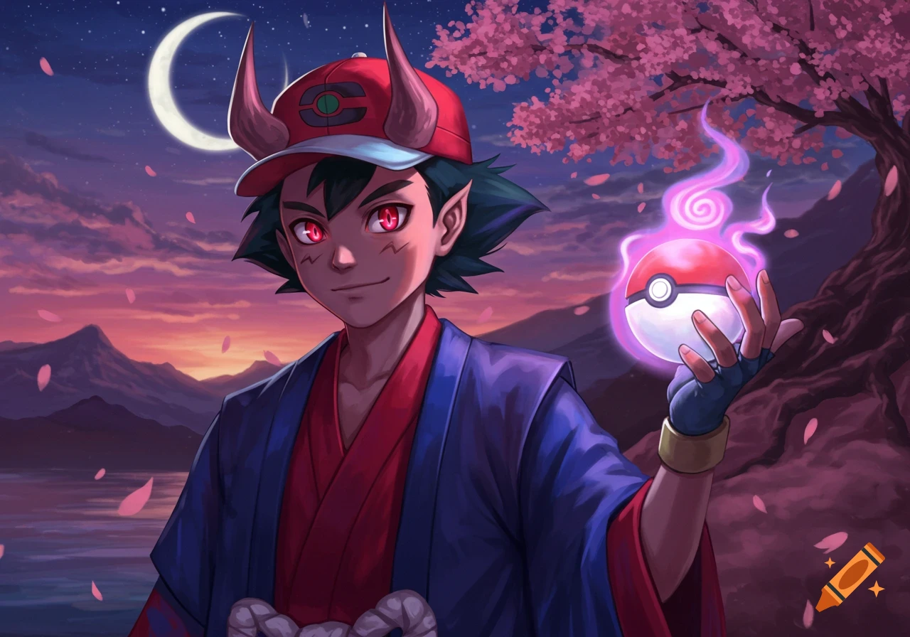 Anime illustration of Ash Ketchum as an oni hybrid with red eyes, holding a glowing Poké Ball under a cherry tree at sunset.