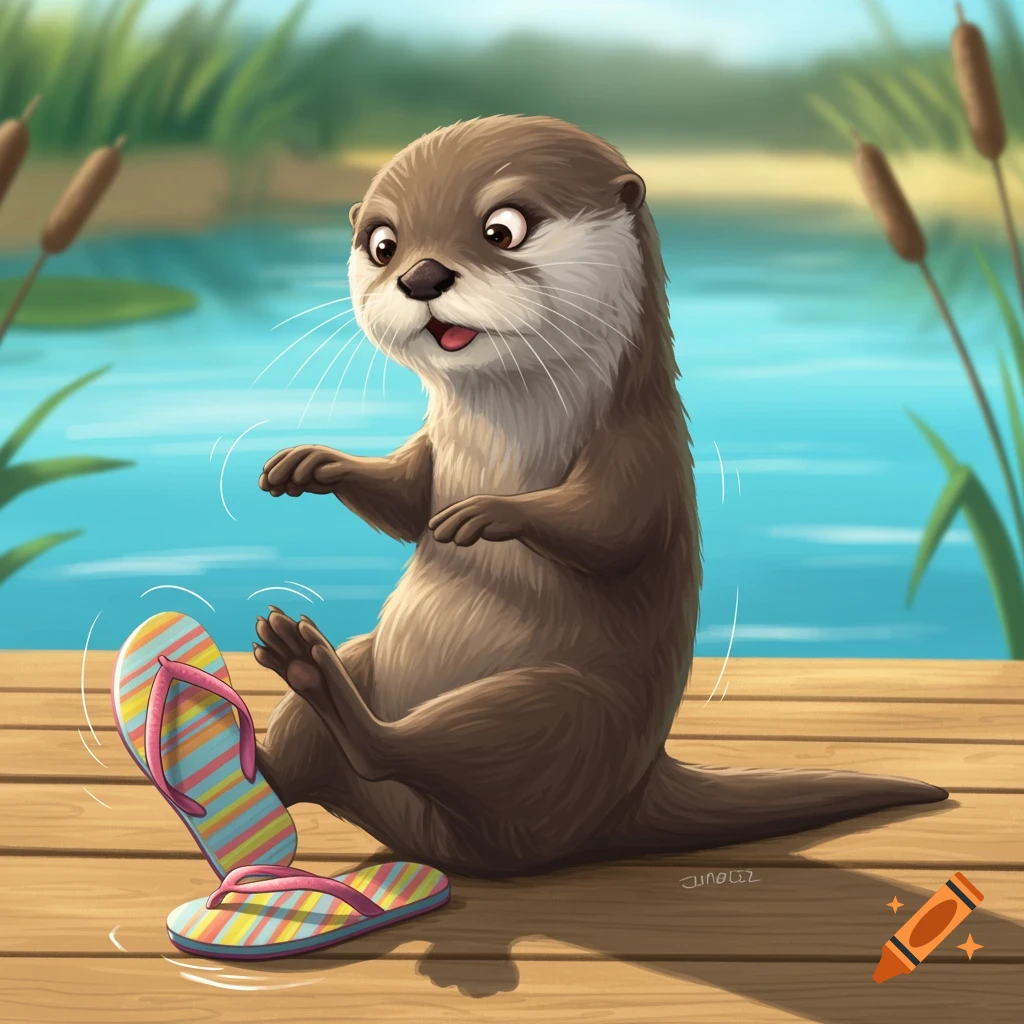 A cute cartoon otter sits on a wooden dock next to colorful flip-flops, wiggling its toes by the water.