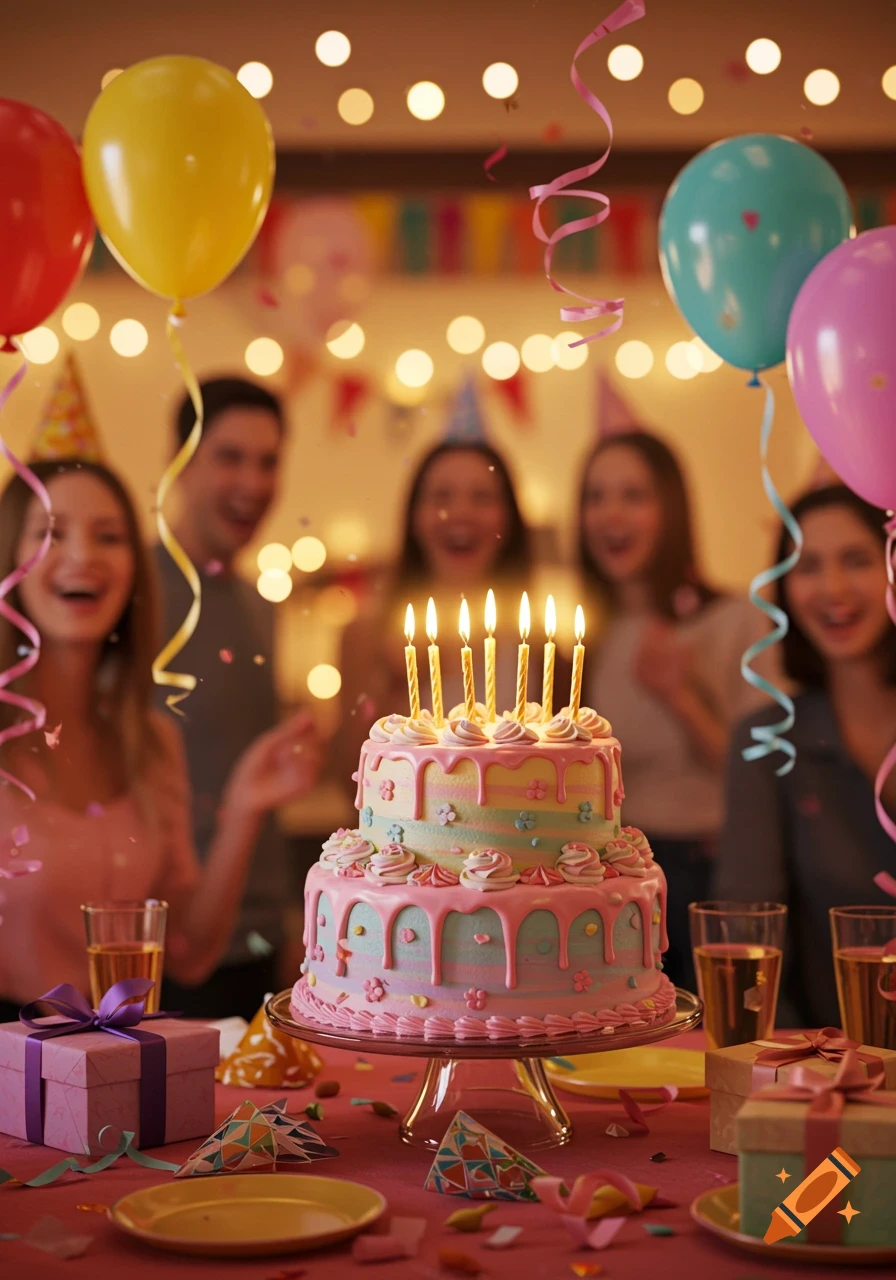 A photorealistic two-tier birthday cake with lit candles, colorful balloons, presents, and blurred celebrating people at a party.