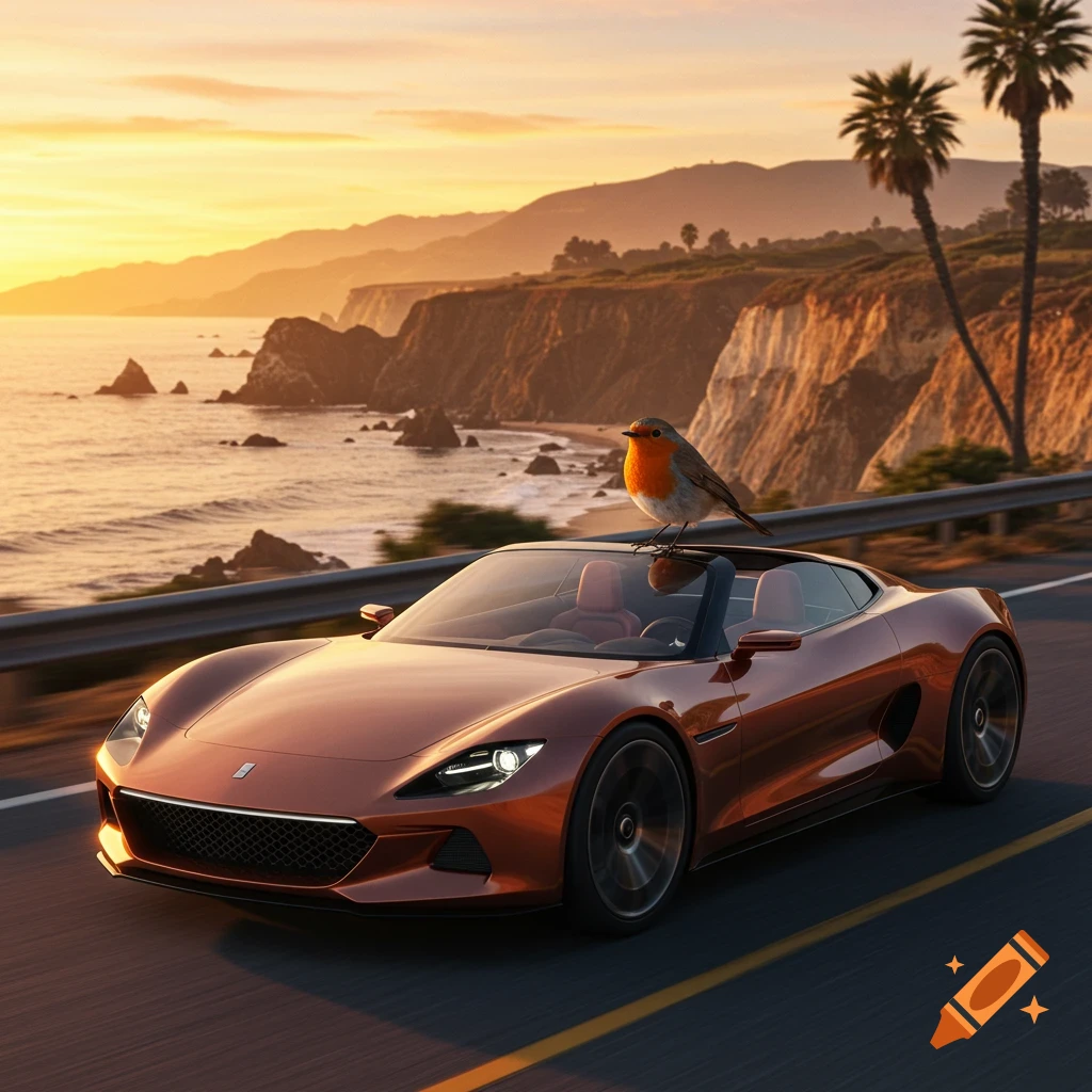 A photorealistic image of a robin perched on an orange sports car driving along a coastal road at sunset.