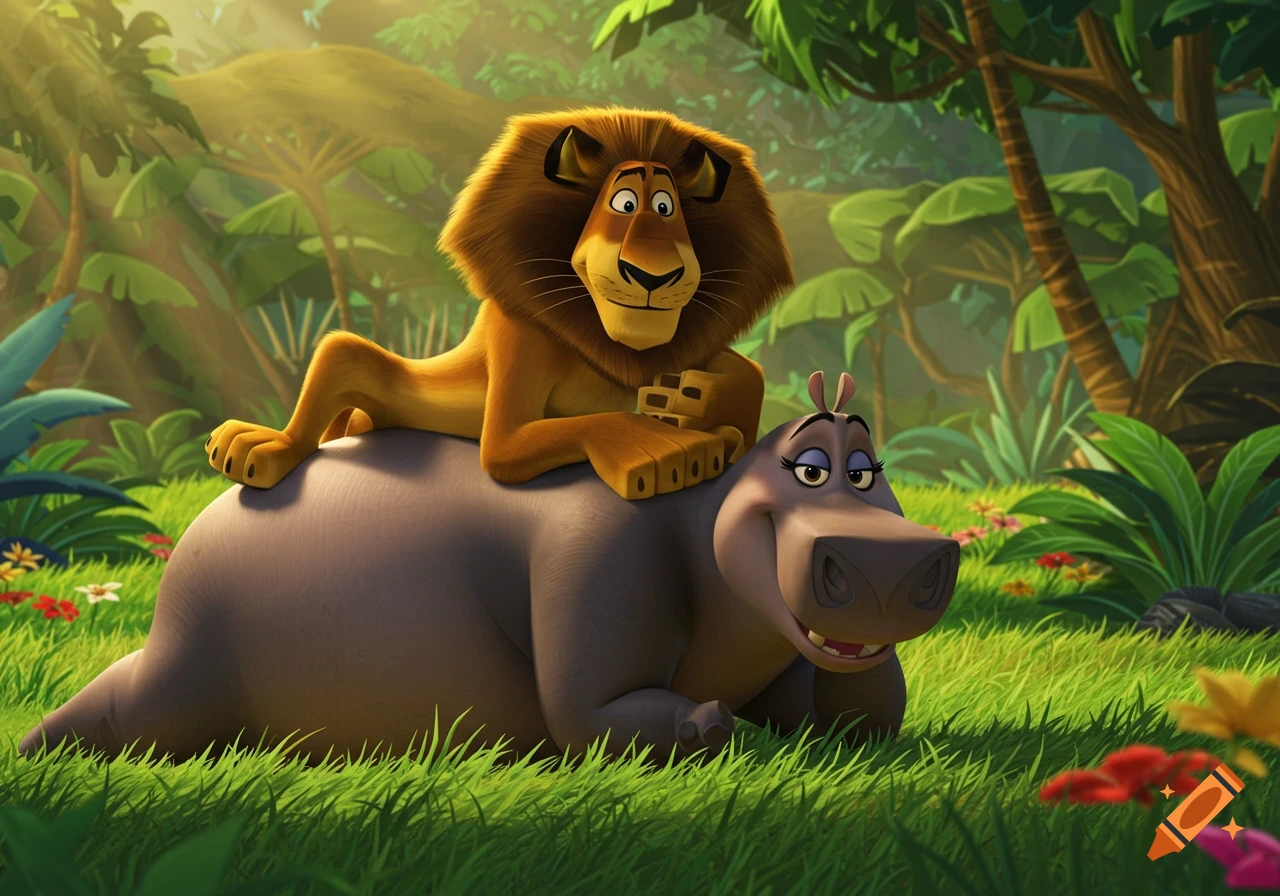 Alex the lion lounges on Gloria the hippo's back in a vibrant animated jungle scene.
