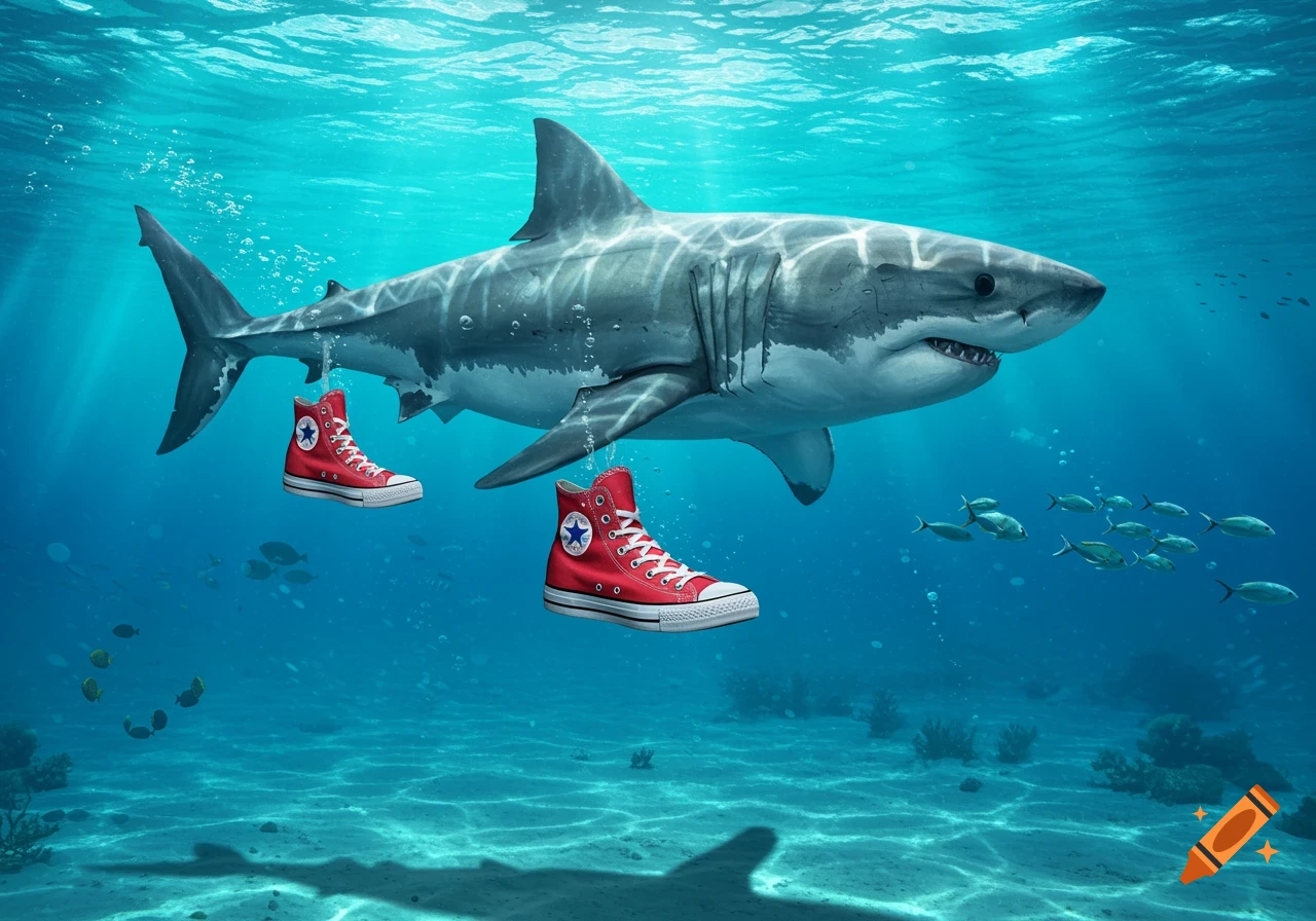 A photorealistic great white shark swims underwater, wearing red high-top sneakers.