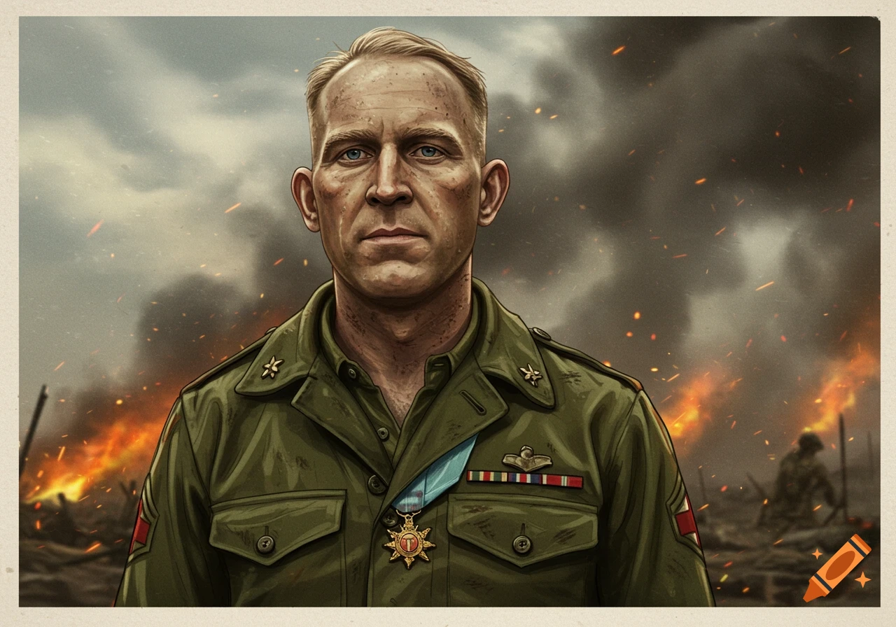 Drawing of a male soldier in a green uniform and medals, standing amidst smoke and fire on a battlefield.