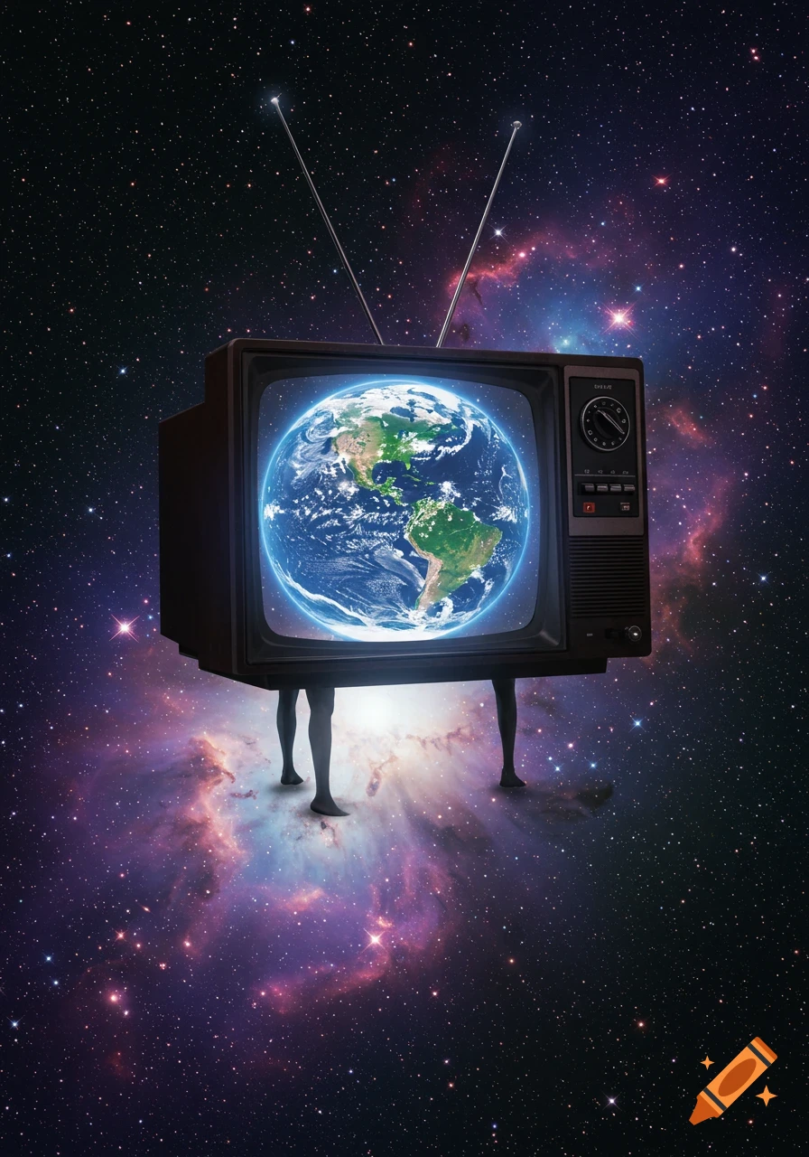 A giant retro TV with human legs floats in space, displaying a glowing Earth on its screen amidst stars and nebulae.