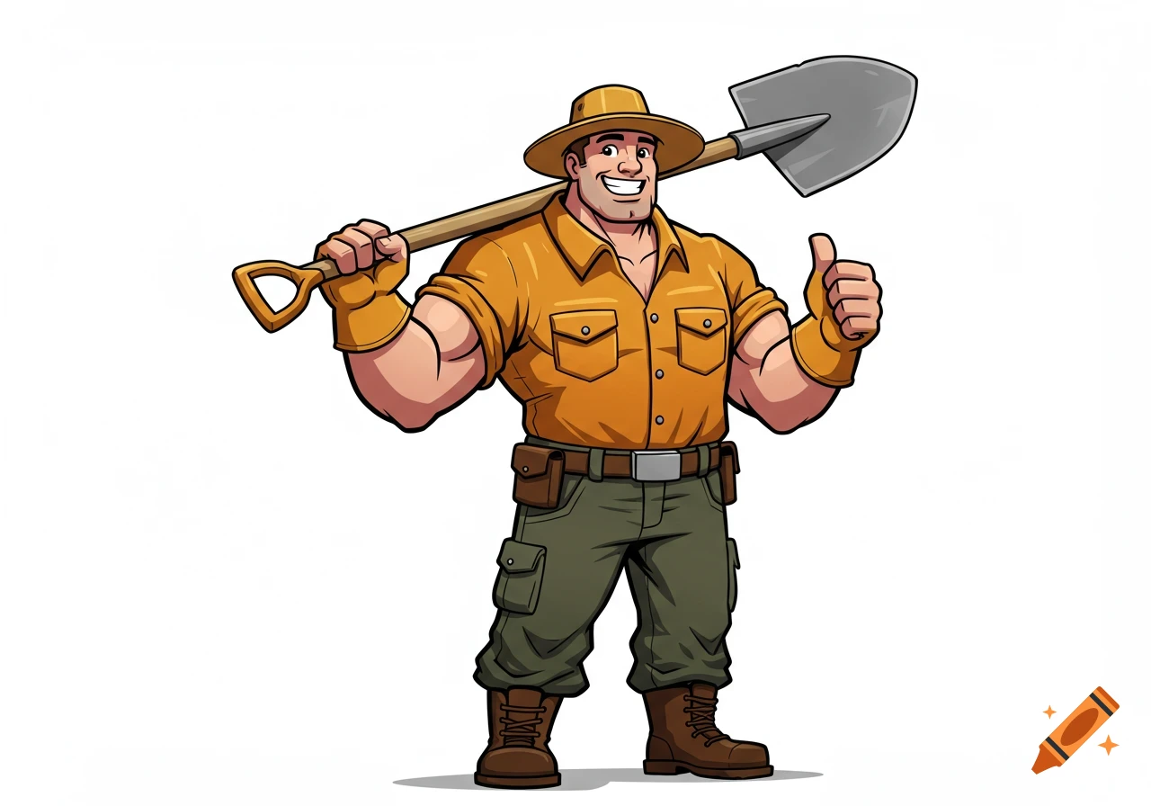 A muscular cartoon landscaper holds a shovel over his shoulder and gives a thumbs up on a white background.