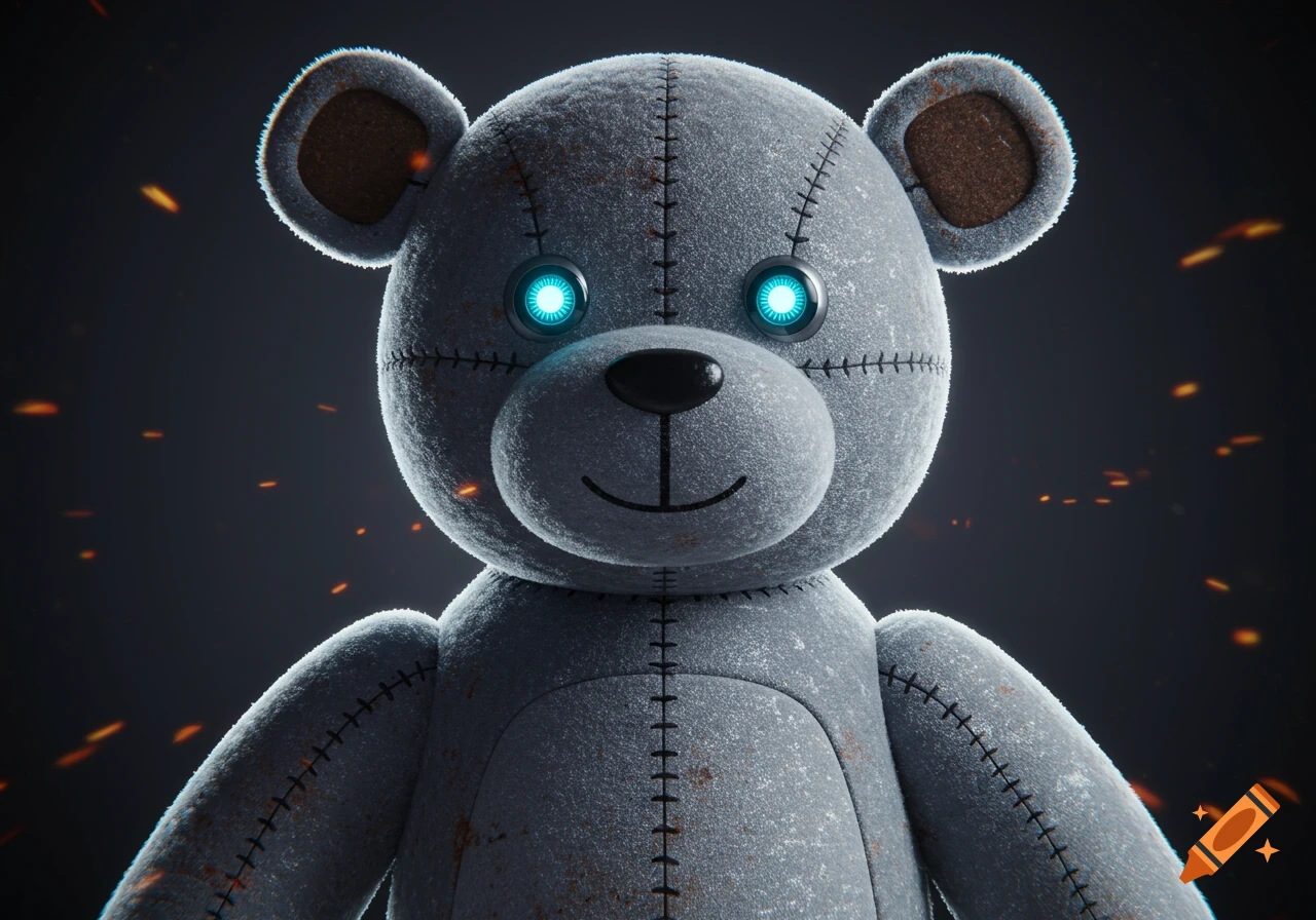 Close-up of a gray, stitched teddy bear with glowing blue robotic eyes and a metallic texture on a dark background with orange sparks.