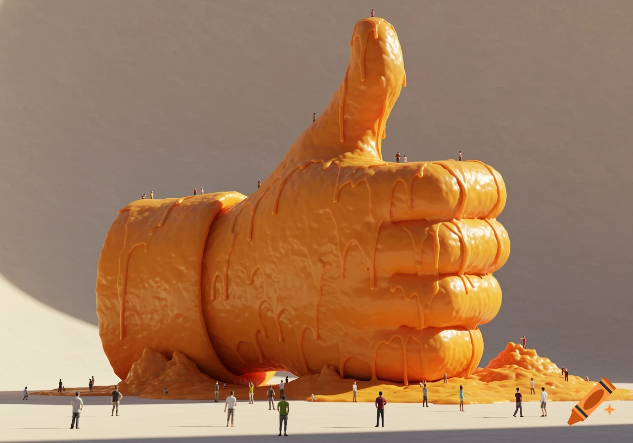 A massive, dripping orange thumbs-up emoji towers over tiny people in a photorealistic 3D render.