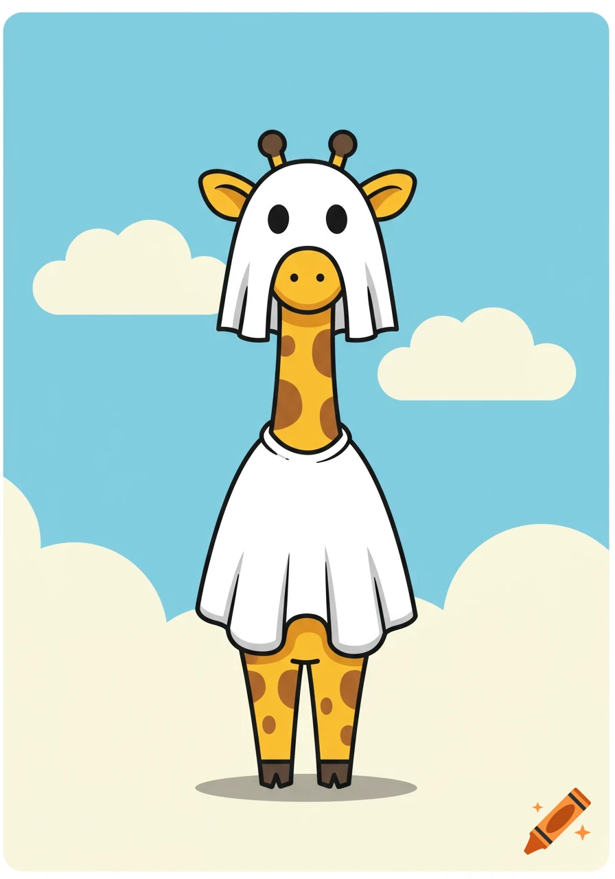 A cute cartoon giraffe dressed in a white ghost costume stands against a blue sky with fluffy white clouds.