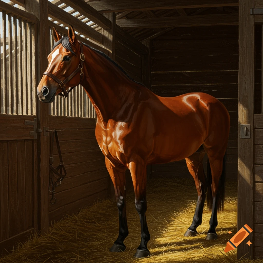 A brown horse with a white blaze stands in a sunlit stable stall filled with hay, looking out.
