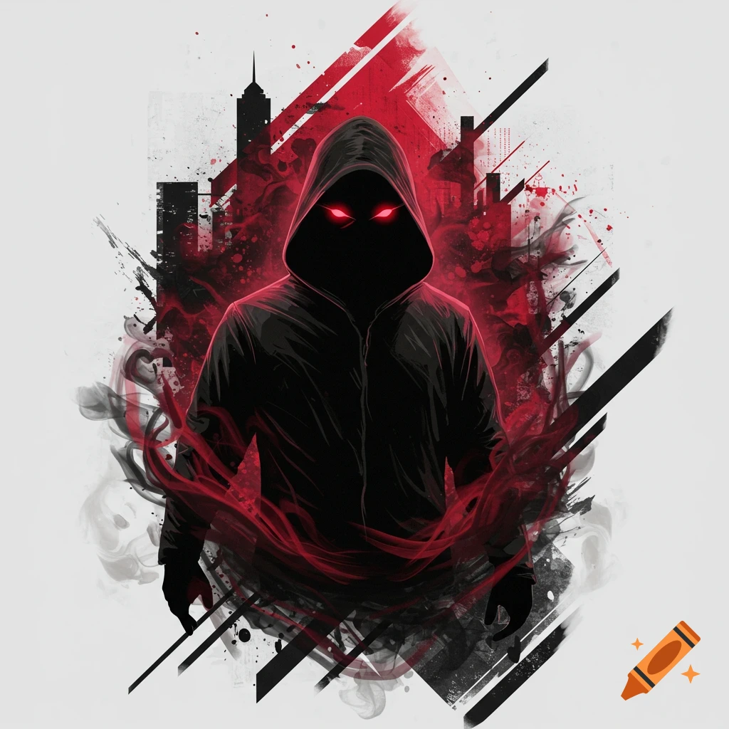 A mysterious hooded figure with glowing red eyes against an abstract background of black city silhouettes and red splatters in a graphic art style.