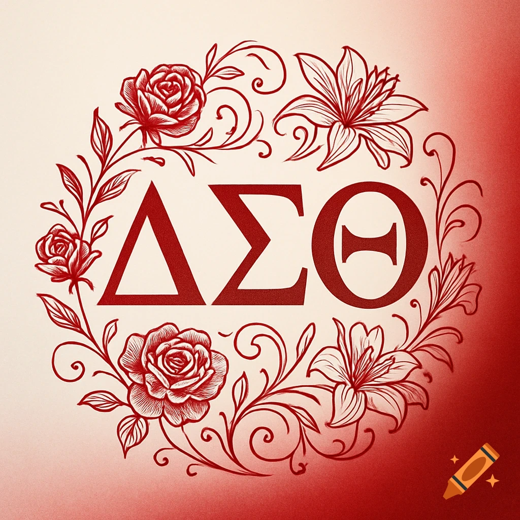Red and white logo with Greek letters Delta Sigma Theta in a floral wreath of roses and lilies.