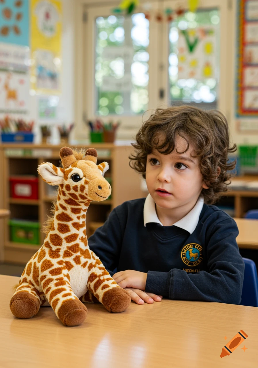 A photorealistic image of a young boy with curly hair sitting at a classroom desk, looking at a stuffed giraffe in front of him.