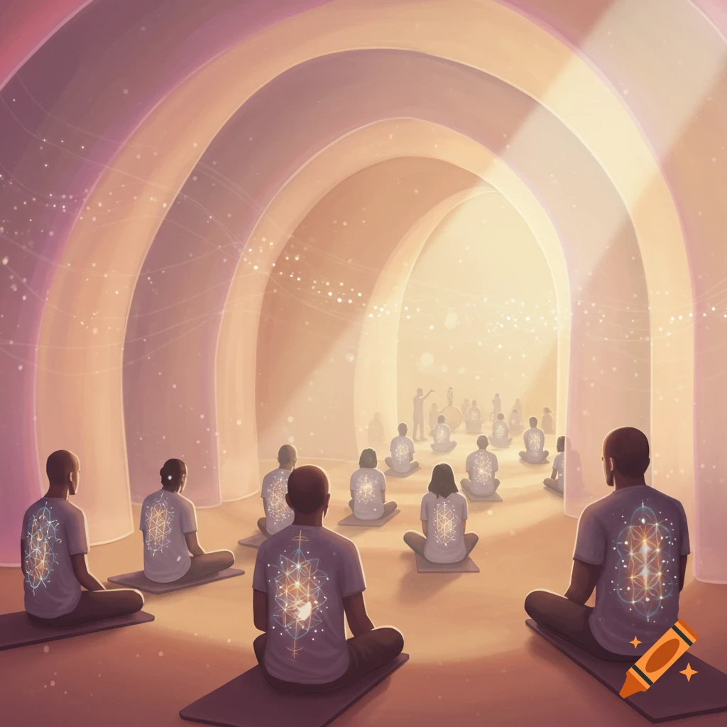 People meditate in an ethereal, arched hall bathed in warm light, wearing shirts with sacred geometry designs.