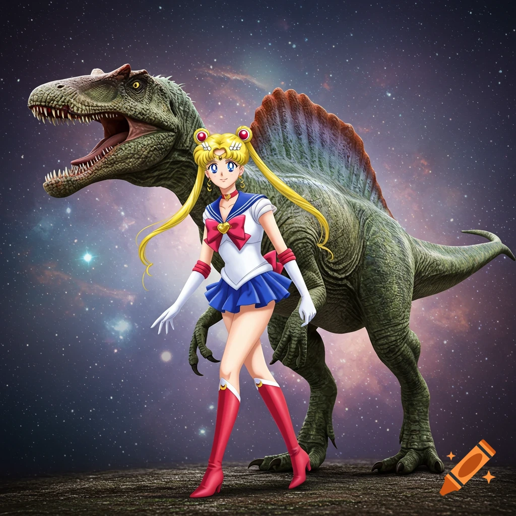 Sailor Moon standing next to a roaring Spinosaurus against a starry cosmic background.