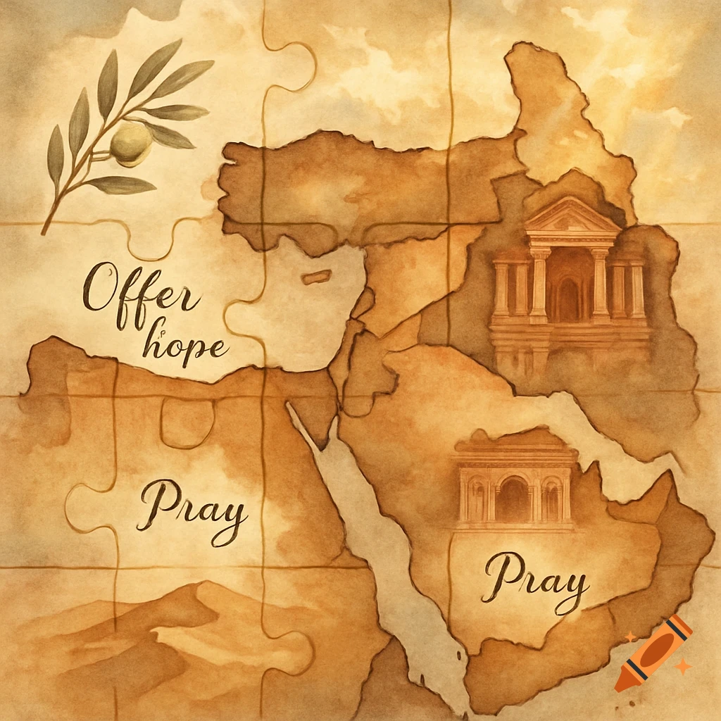 A watercolor map of the Middle East as a puzzle with text 'Offer hope' and 'Pray,' featuring ancient buildings and an olive branch.