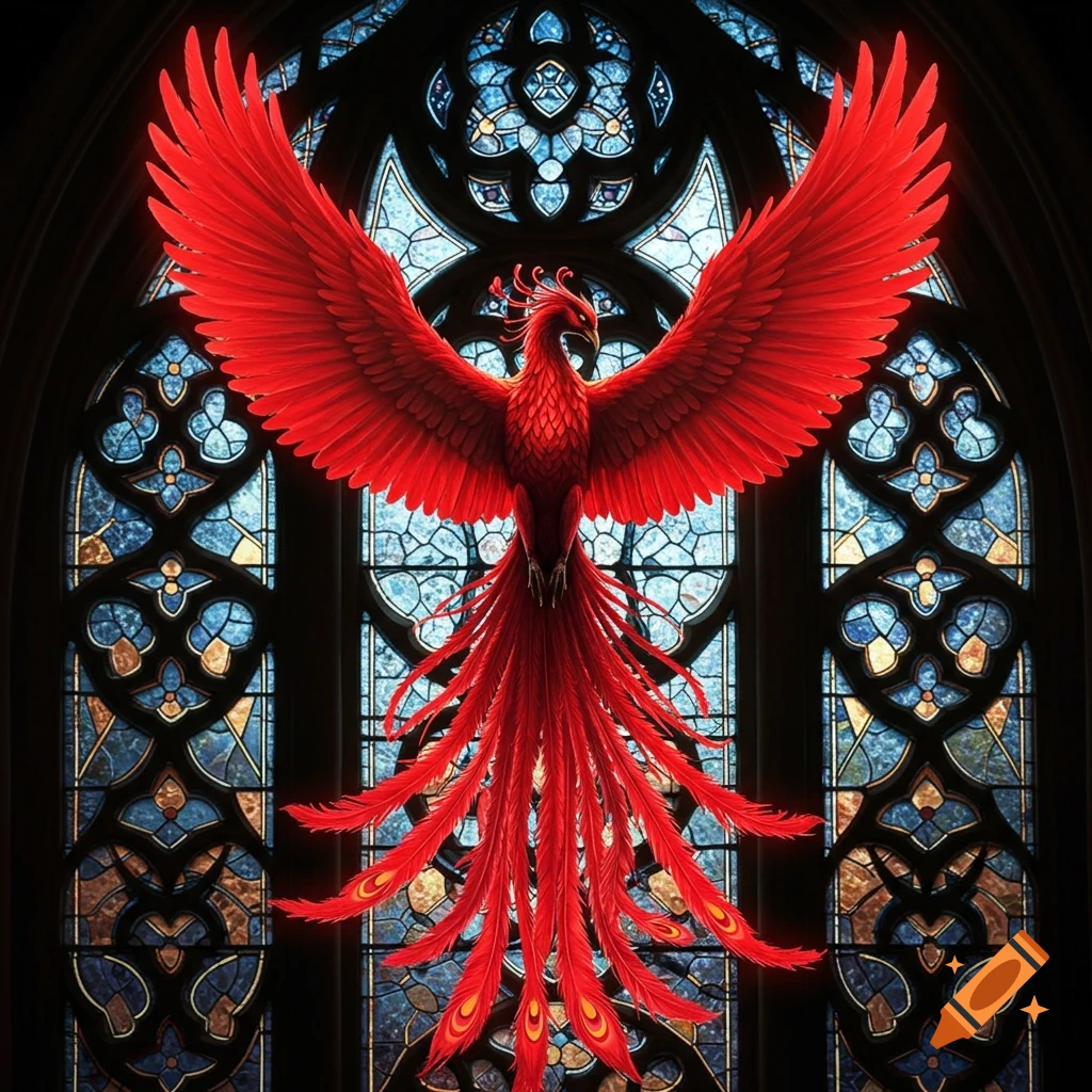 A vibrant red phoenix with outstretched wings stands in front of a blue and gold stained glass window.