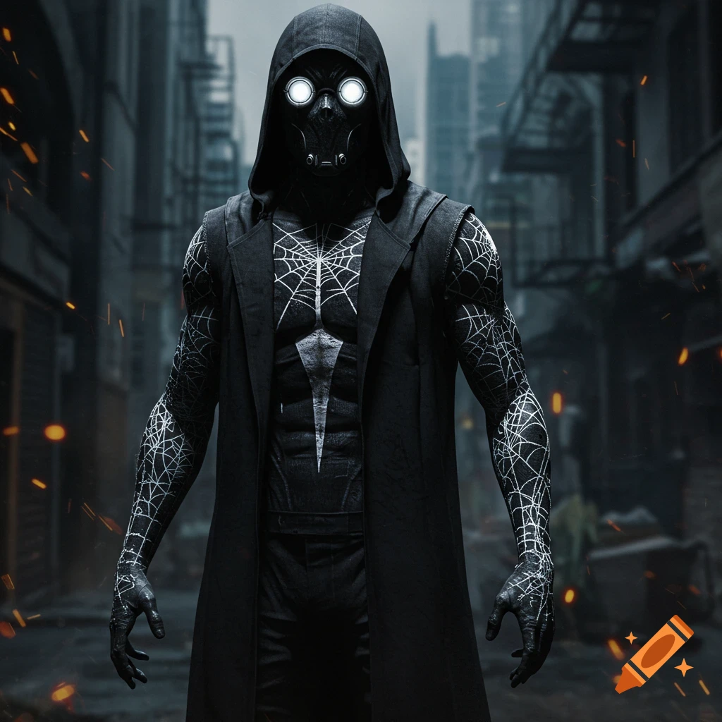 A dark-clad masked vigilante with glowing white eyes and web-like patterns on his suit stands in a dark urban alley.