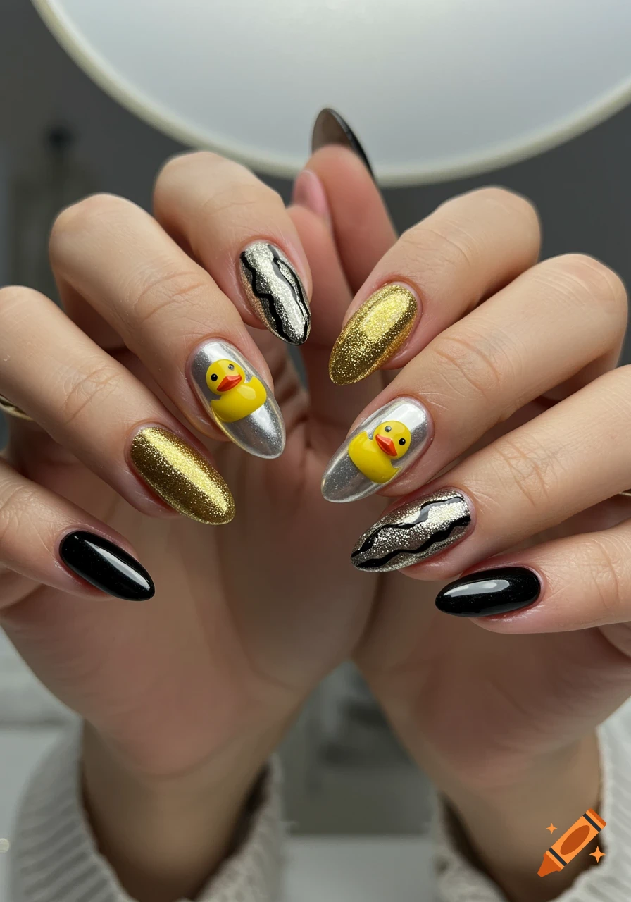 Close-up of hands with long almond-shaped nails featuring gold glitter, silver metallic, and black polish, with two nails adorned with 3D yellow rubber duckies.