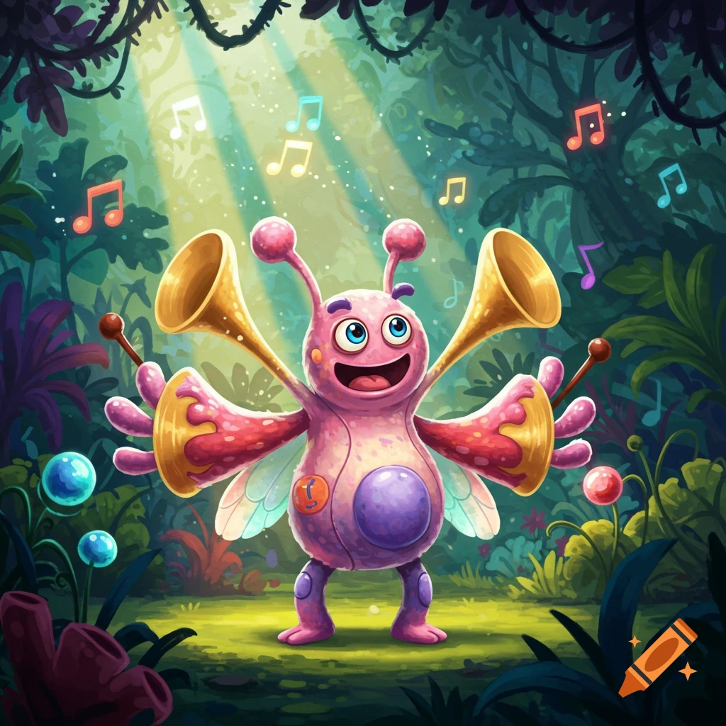 A pink, four-armed cartoon monster with wings plays golden horns in a vibrant jungle with musical notes floating around.