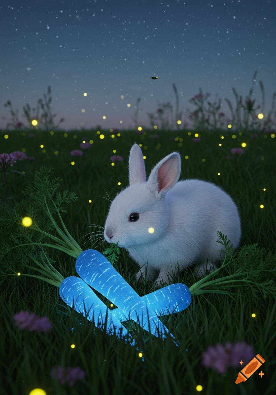 A white rabbit sits in a dark green field at night, eating from the leafy tops of two glowing blue carrots. Fireflies illuminate the scene.
