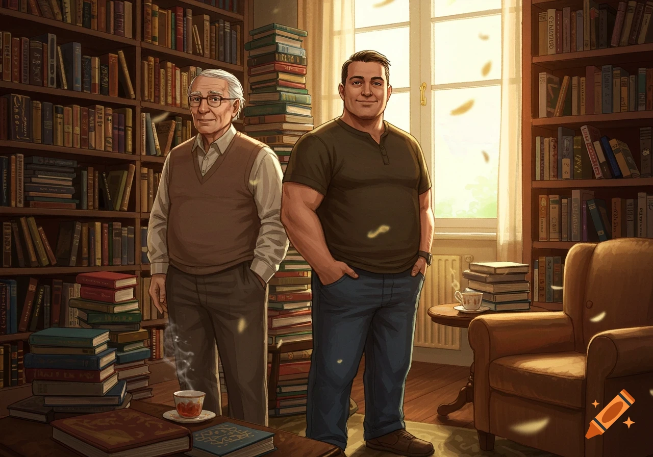 A smiling older man and a younger man stand in a cozy, sunlit library with many bookshelves and stacks of books. Illustrated style.