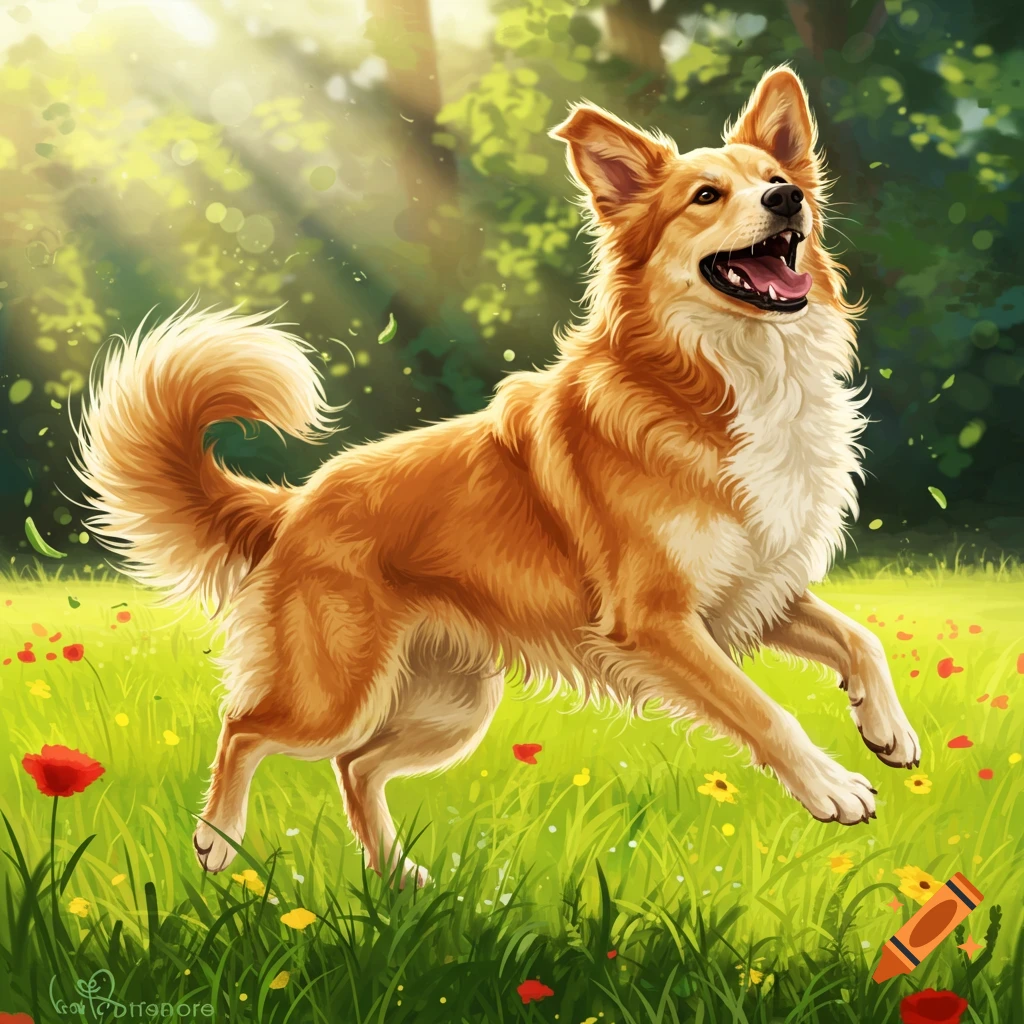 A happy golden-brown and white fluffy dog bounds through a sunny green field with red and yellow flowers.