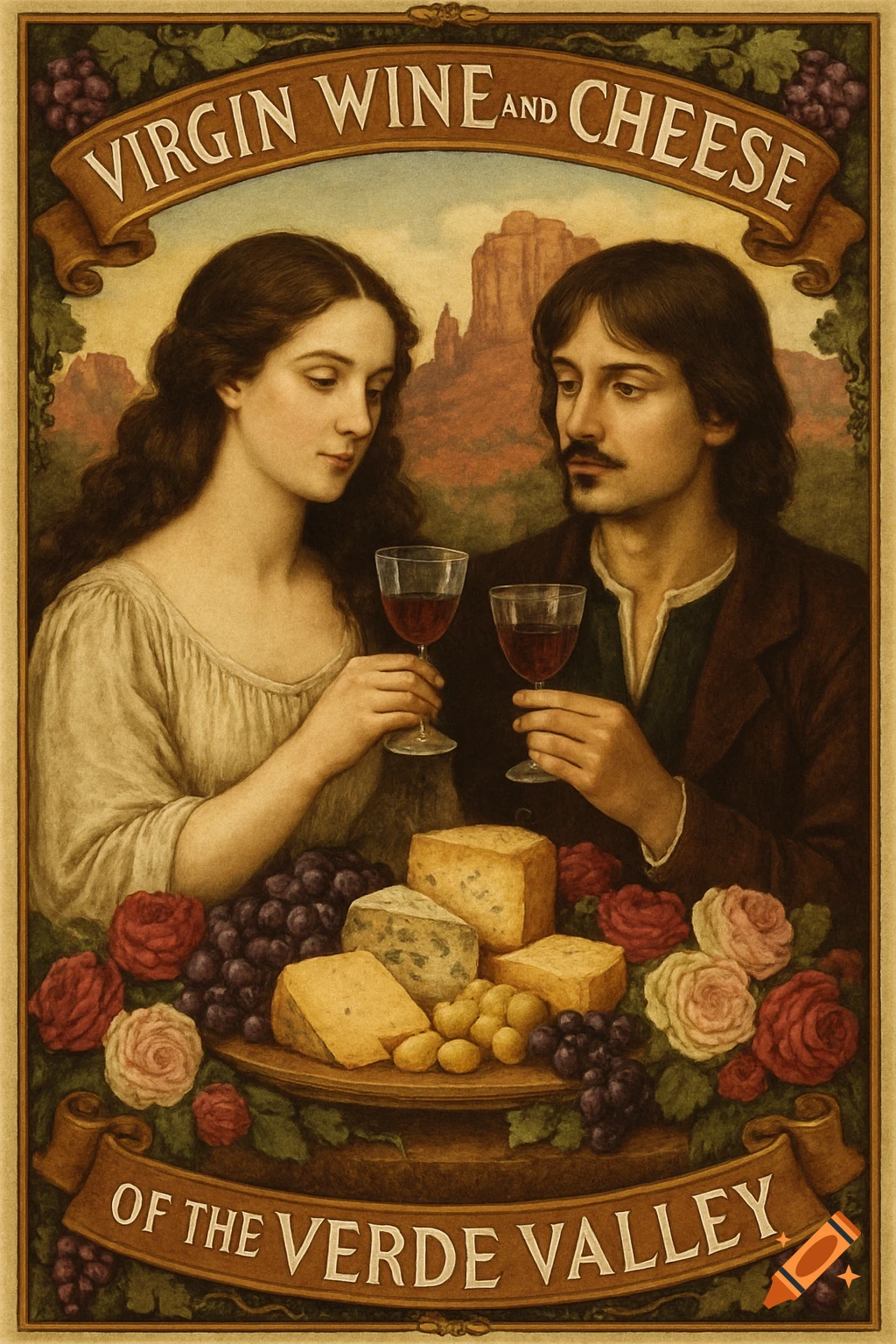A vintage Renaissance-style illustration of a woman and a man holding wine glasses, with a cheese board, grapes, and roses. A banner above reads "Virgin Wine and Cheese" and below "Of the Verde Valley".