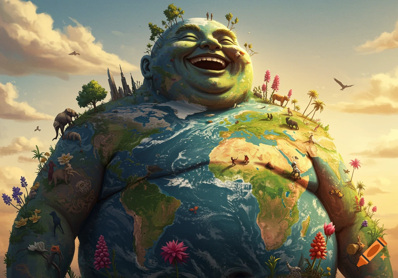 A smiling, colossal man whose body is the Earth, featuring continents, oceans, tiny people, animals, and lush vegetation.