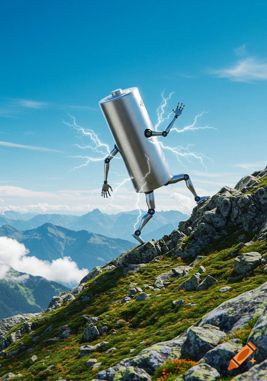 A photorealistic image of a large, silver battery with robotic arms and legs climbing a rocky, green mountain under a clear blue sky, with lightning bolts around it.