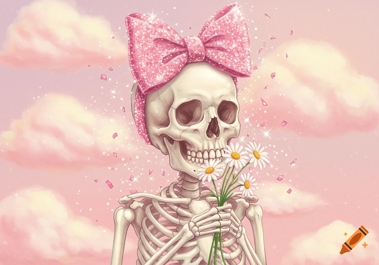 A cute stylized skeleton wearing a pink glitter bow, holding a bouquet of daisies against a sparkling pink sky with clouds.