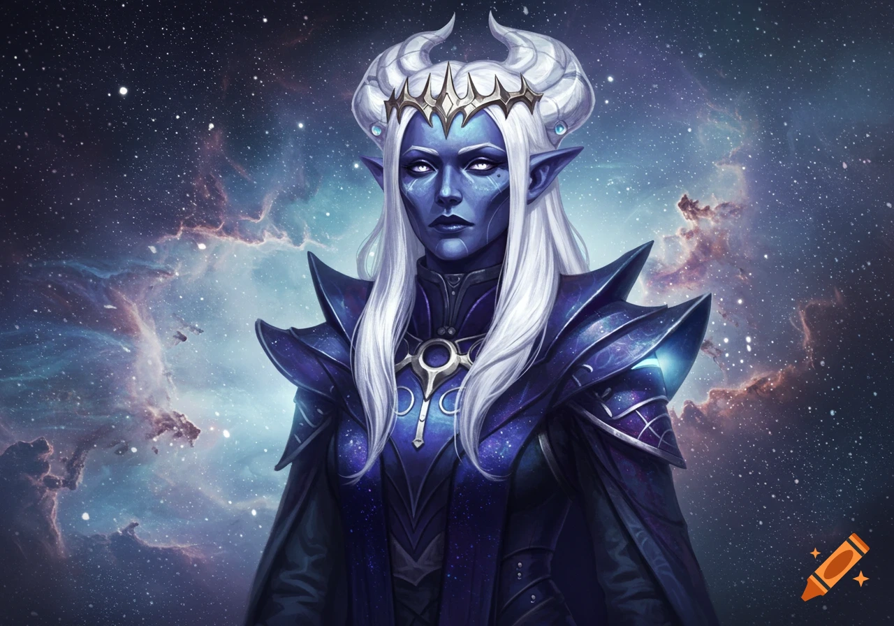 Portrait of a blue-skinned, white-haired queen with horns and a crown, wearing ornate blue and gold armor, set against a starry cosmic background with nebulae.