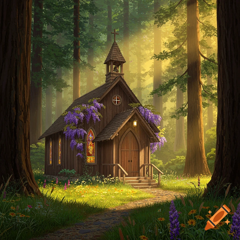 A picturesque wooden chapel covered in purple wisteria, nestled in a sun-dappled forest with tall trees, a path, and wildflowers.