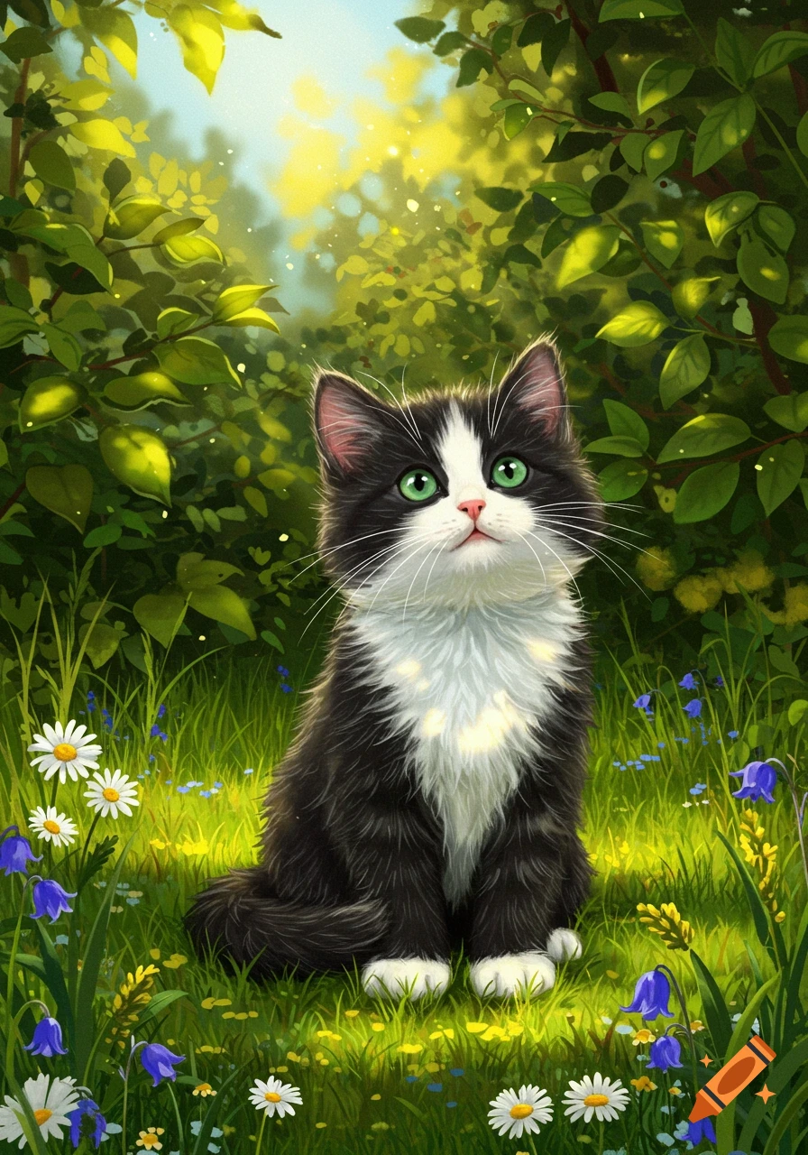 A cute black and white cat with green eyes sits in a sunny green field with white daisies and bluebells, illustrated in a charming cartoon style.