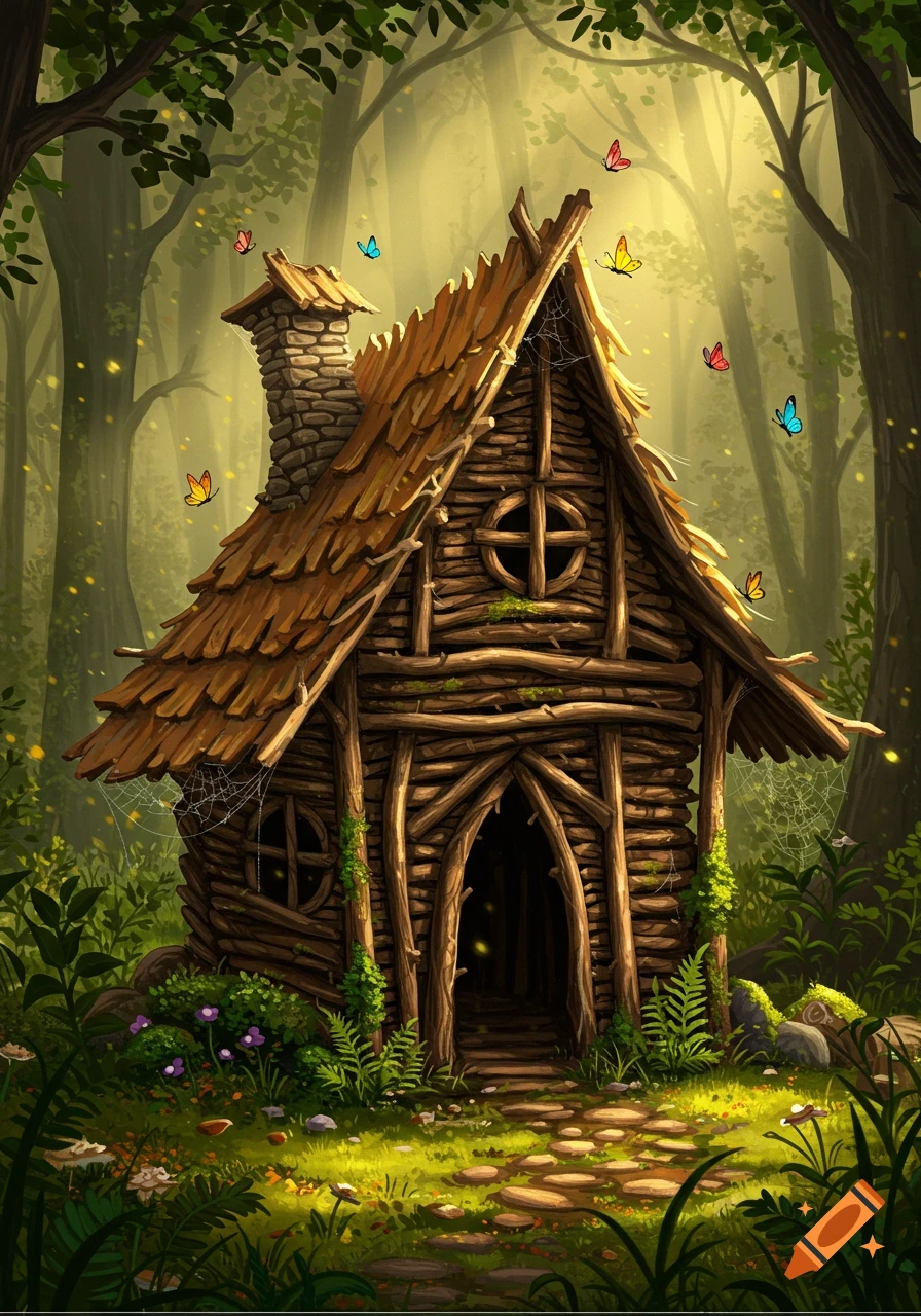A whimsical rustic wooden cabin with a thatched roof and stone path in a sunlit enchanted forest, with colorful butterflies. Fantasy art.