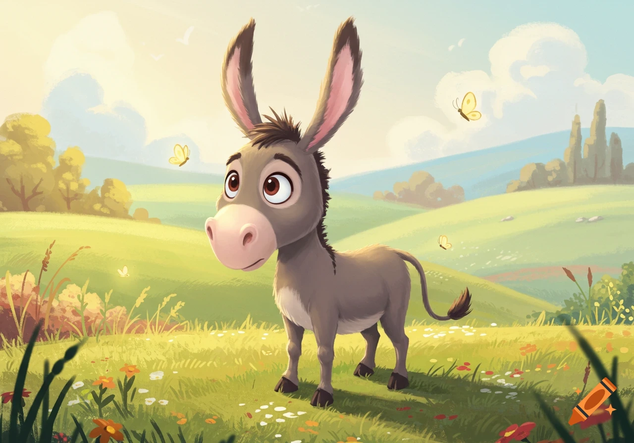 A cartoon donkey stands in a sunny, grassy field with colorful flowers and butterflies, and rolling hills in the background.