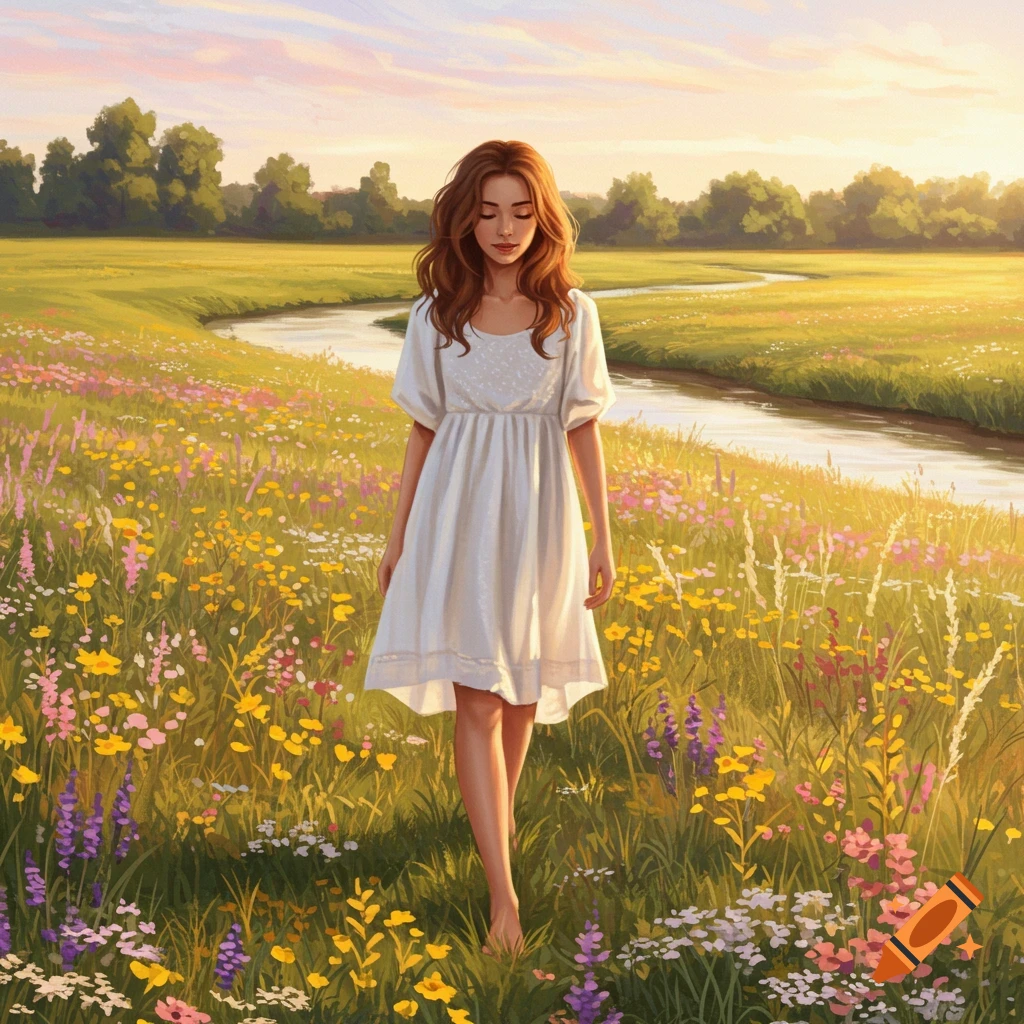 A woman in a white dress walks barefoot through a vibrant wildflower meadow beside a winding river at sunset.
