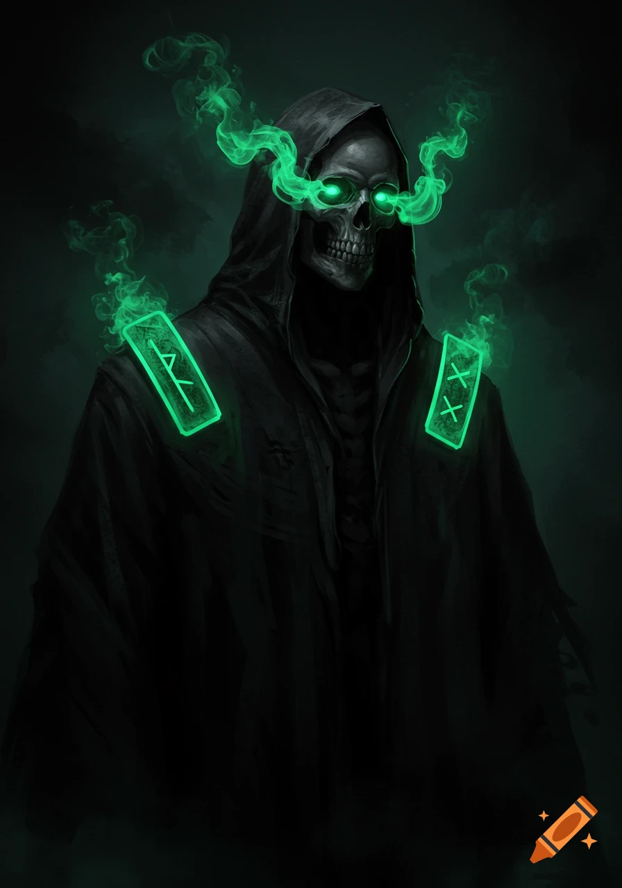 A dark hooded Grim Reaper with glowing green eyes and green smoke emanating from its eye sockets and shoulders, which bear glowing green rune-like symbols.