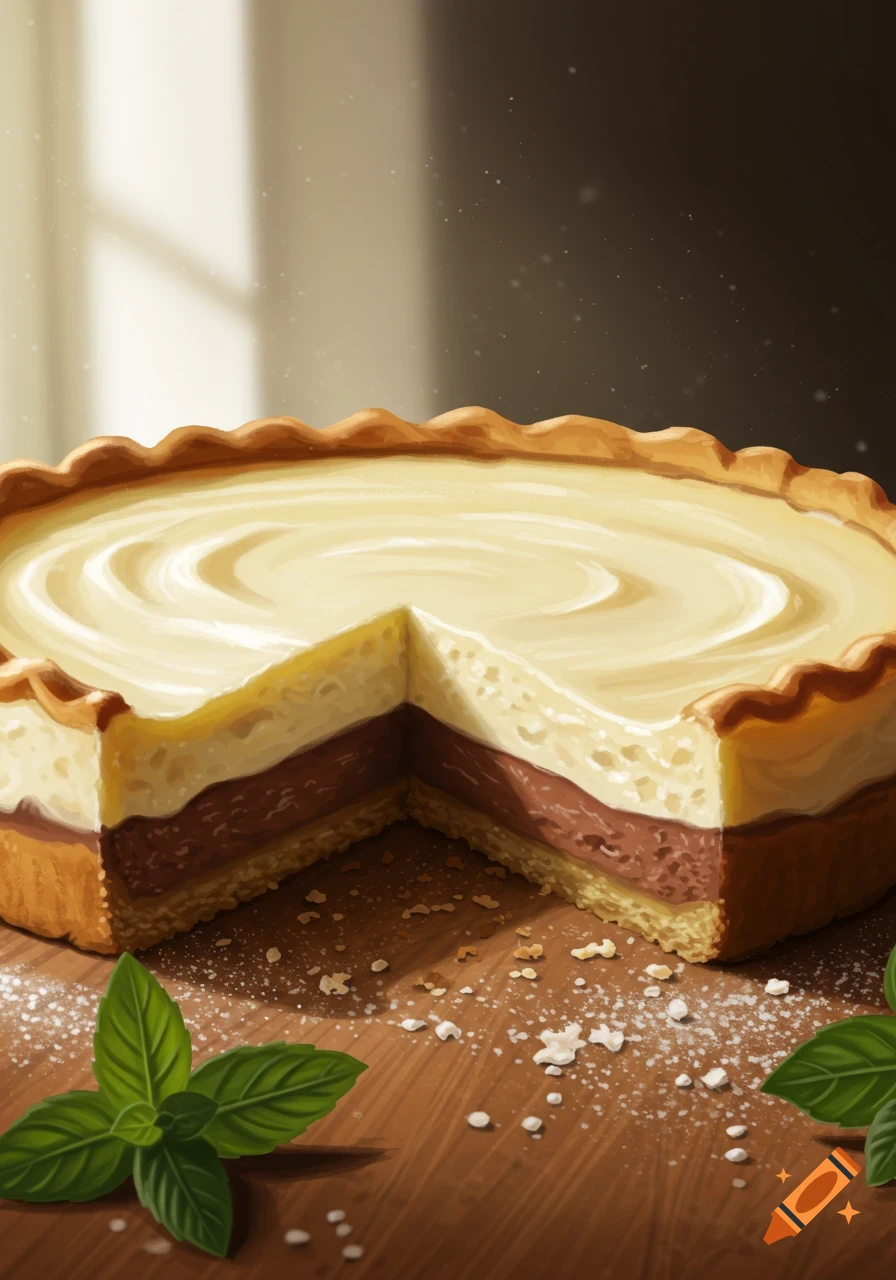 A three-layer milk pie with a slice removed, on a wooden surface with powdered sugar and mint leaves, digital art.