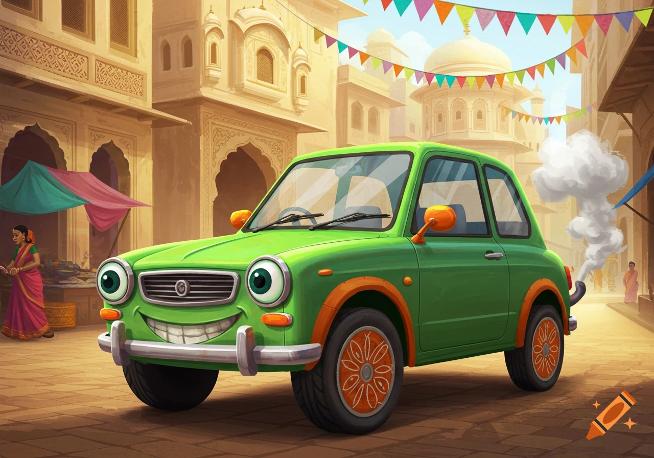 A bright green cartoon car with large googly eyes and a wide smile sits on a street in an Indian town with ornate buildings and colorful bunting.