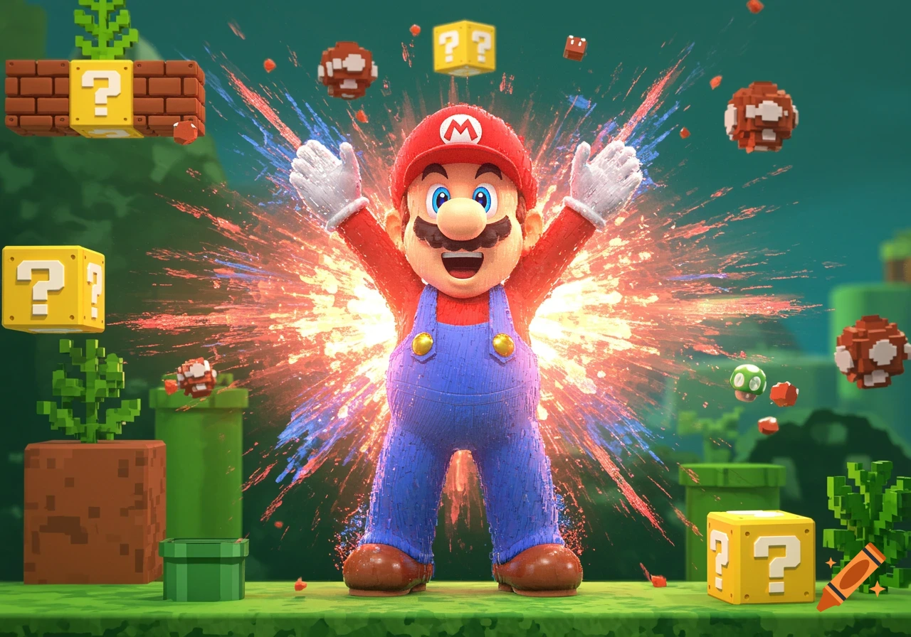 Mario bursts with energy, surrounded by question blocks and pixelated elements in a vibrant, stylized video game scene.