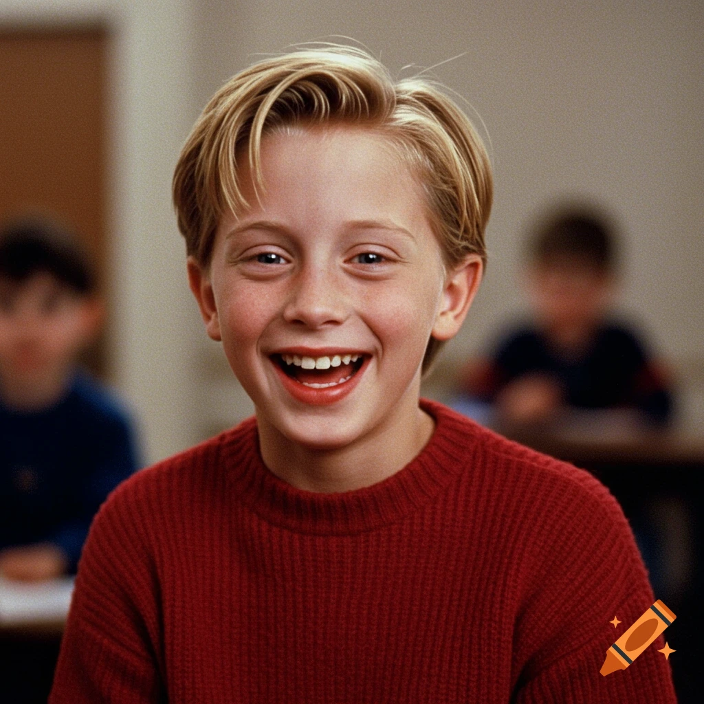 A young boy with blonde hair and a red sweater smiles broadly in a classroom.