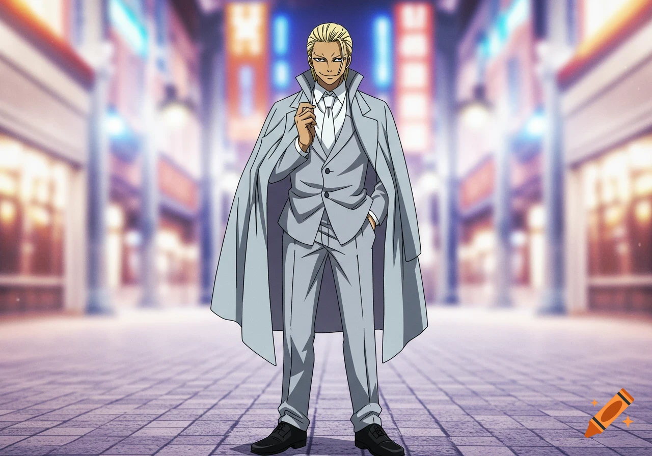 An anime male character with slicked-back blonde hair in a light gray suit with a coat draped over his shoulders, standing on a blurry city street.