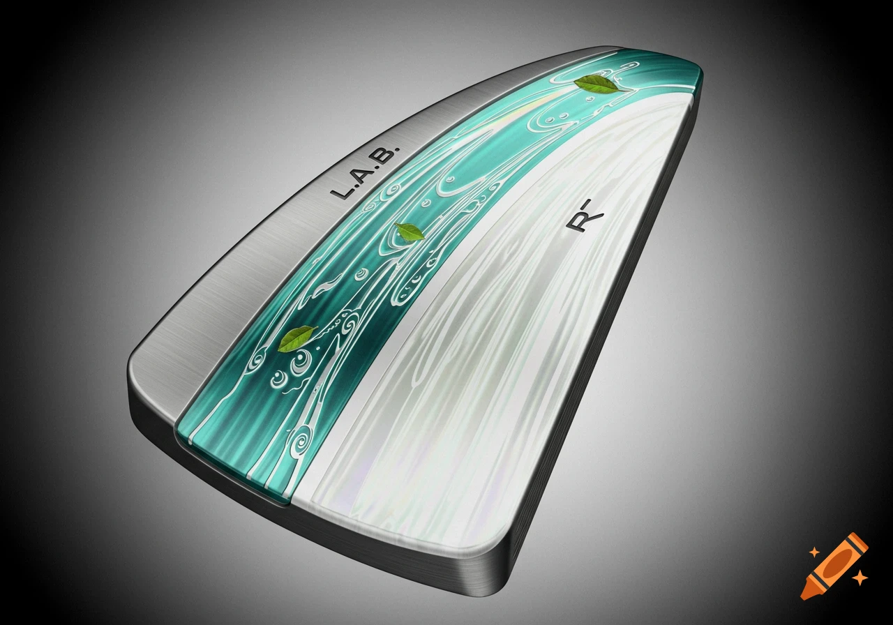 A sleek L.A.B. DF3 putter head with a two-tone design, featuring a teal section with white swirling patterns and green leaves, and a pearlescent white section.