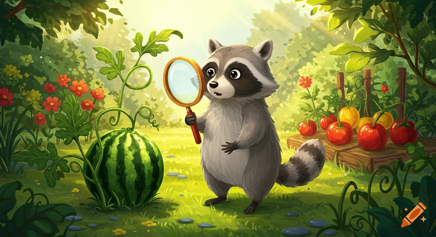 A cute cartoon raccoon in a sunny garden holds a magnifying glass to inspect a watermelon on the vine in a storybook illustration style.