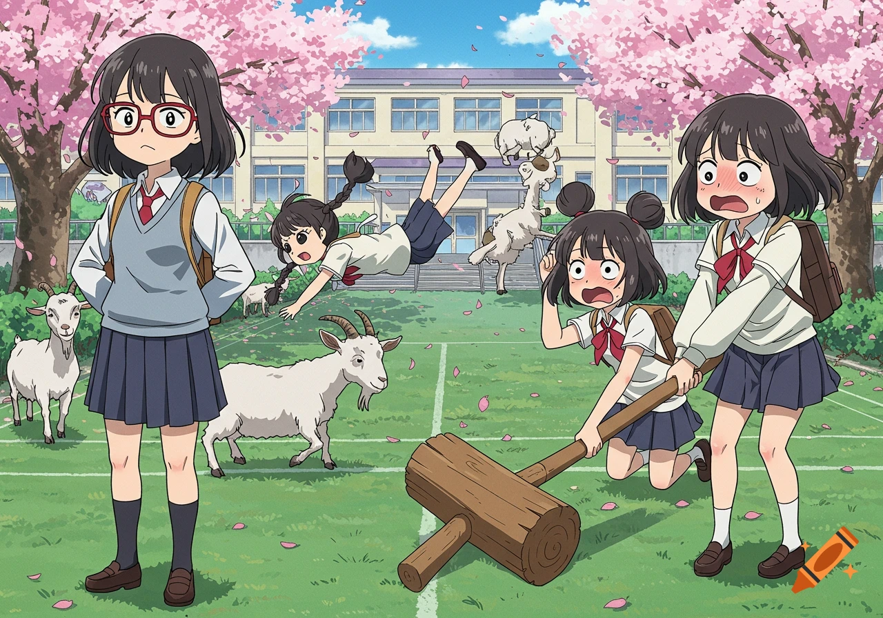 Anime schoolgirls in a chaotic schoolyard with goats and cherry blossoms, one girl flying, others reacting in surprise, and a large mallet.