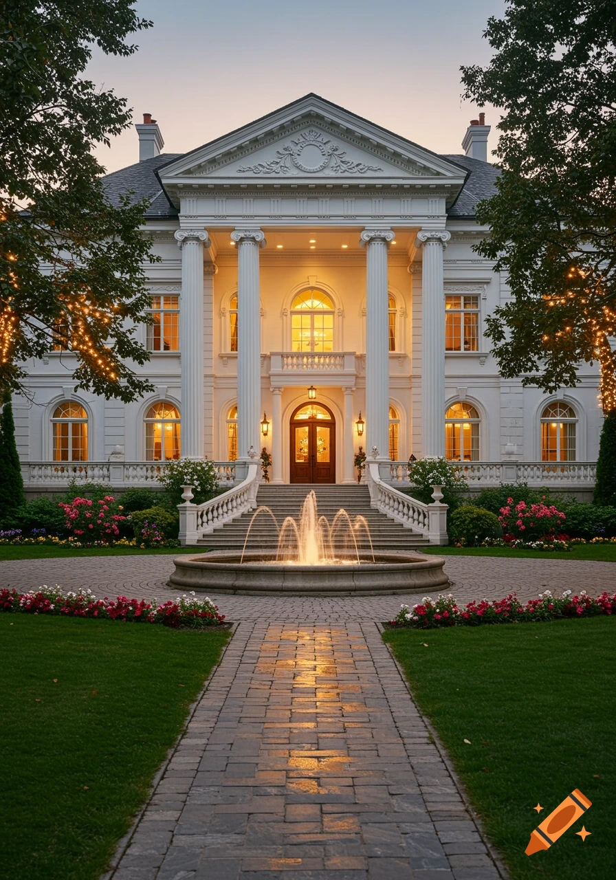 A grand white mansion with classical columns, a front fountain, and a stone path surrounded by gardens at dusk.