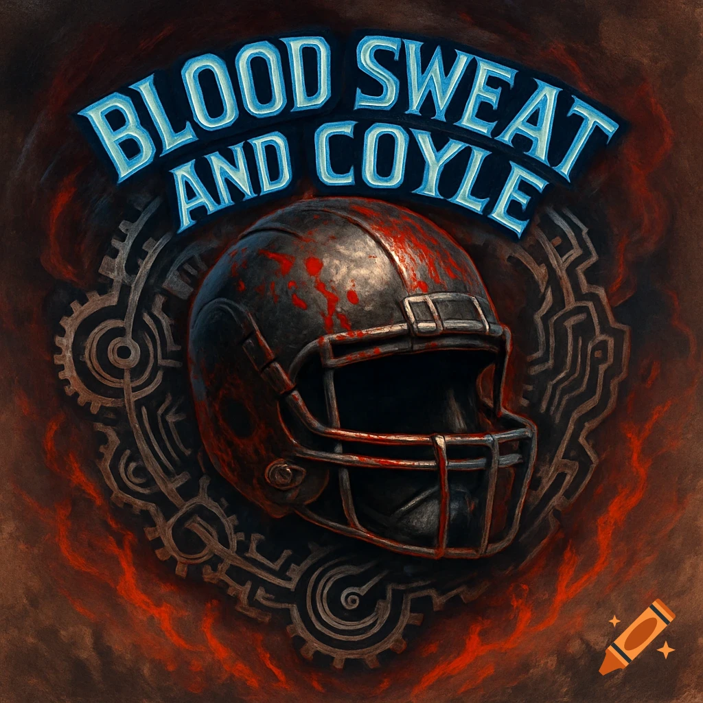 A stylized logo with a blood-splattered football helmet over a dark mechanical gear background, with text 'BLOOD SWEAT AND COYLE' above.